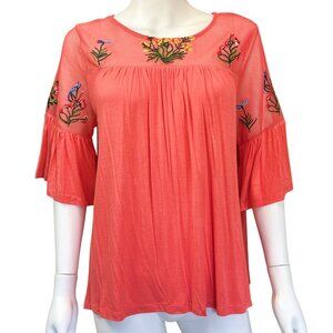 Liz Claiborne Coral Floral Embroidered Mesh Sleeve Top Womens Size L